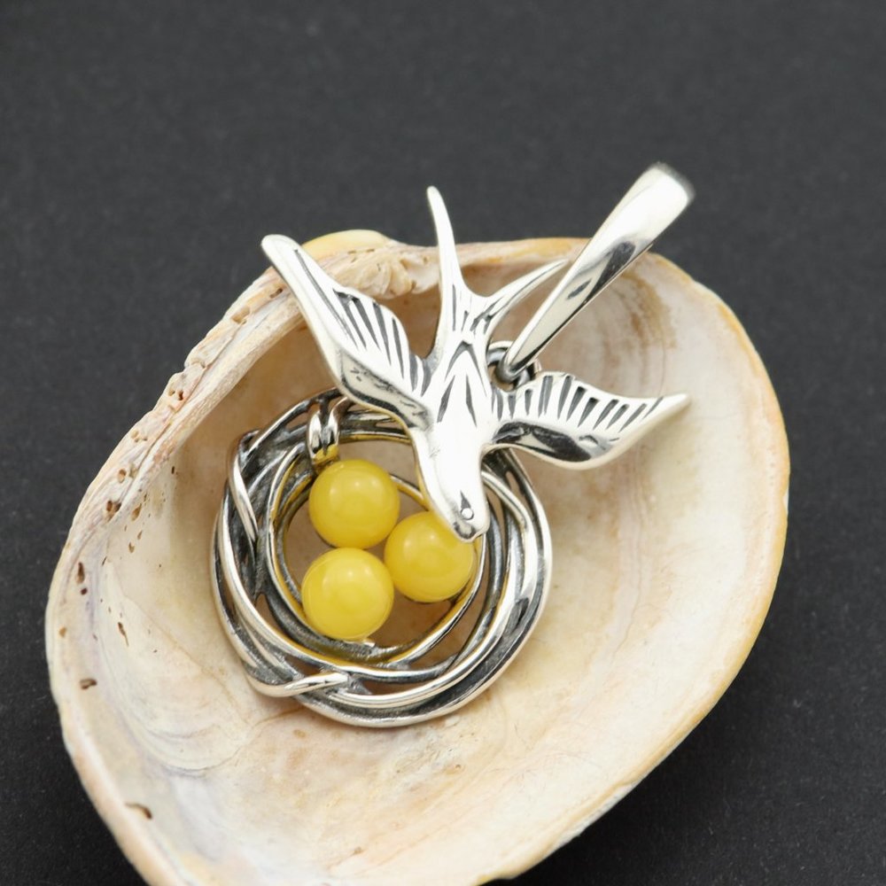 Very unique yellow amber pendant with all three parts moving, sterling silver - Picture 11 of 11